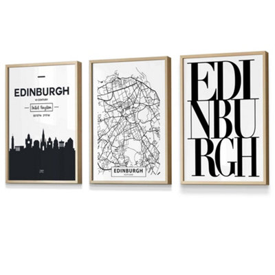 Set of 3 EDINBURGH Skyline Street Map City Prints Wall Art Prints / 30x42cm (A3) / Oak Frame