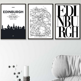 Set of 3 EDINBURGH Skyline Street Map City Prints Wall Art Prints / 42x59cm (A2) / Black Frame