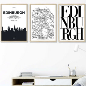 Set of 3 EDINBURGH Skyline Street Map City Prints Wall Art Prints / 42x59cm (A2) / Oak Frame