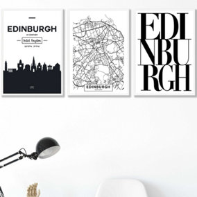 Set of 3 EDINBURGH Skyline Street Map City Prints Wall Art Prints / 42x59cm (A2) / White Frame
