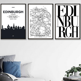 Set of 3 EDINBURGH Skyline Street Map City Prints Wall Art Prints / 50x70cm / Black Frame