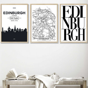 Set of 3 EDINBURGH Skyline Street Map City Prints Wall Art Prints / 50x70cm / Oak Frame