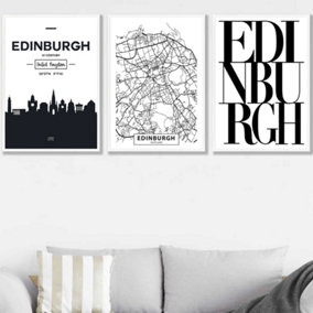 Set of 3 EDINBURGH Skyline Street Map City Prints Wall Art Prints / 50x70cm / White Frame