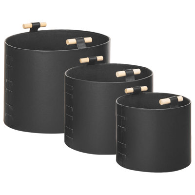 Set of 3 Faux Leather Baskets Black ARAM