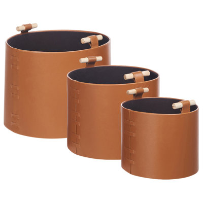 Set of 3 Faux Leather Baskets Brown ARAM