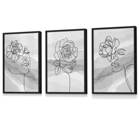 Set of 3 Female Line Art Floral Faces on Grey Wall Art Prints / 30x42cm (A3) / Black Frame
