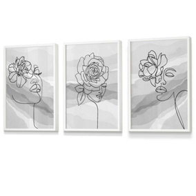 Set of 3 Female Line Art Floral Faces on Grey Wall Art Prints / 30x42cm (A3) / White Frame