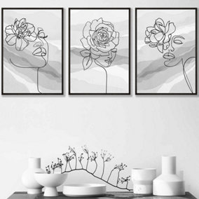 Set of 3 Female Line Art Floral Faces on Grey Wall Art Prints / 42x59cm (A2) / Black Frame