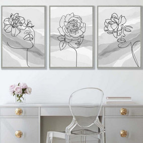 Set of 3 Female Line Art Floral Faces on Grey Wall Art Prints / 42x59cm (A2) / Light Grey Frame