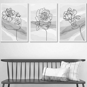 Set of 3 Female Line Art Floral Faces on Grey Wall Art Prints / 42x59cm (A2) / White Frame