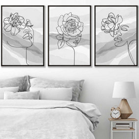 Set of 3 Female Line Art Floral Faces on Grey Wall Art Prints / 50x70cm / Black Frame