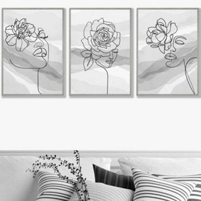 Set of 3 Female Line Art Floral Faces on Grey Wall Art Prints / 50x70cm / Light Grey Frame