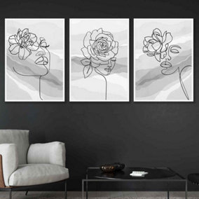 Set of 3 Female Line Art Floral Faces on Grey Wall Art Prints / 50x70cm / White Frame