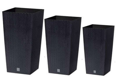 Set of 3 Flower pots Tall Planter Rattan Look Plastic Plant Indoor Outdoor Small Pots Set Anthracite