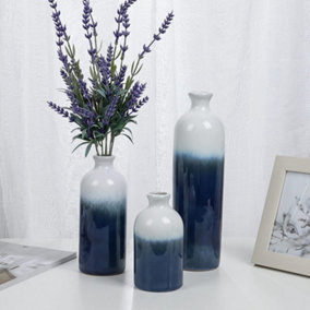 Set of 3 Flowers Vases Blue White Modern Ceramic Reactive Glazed Stoneware Decorative Vases