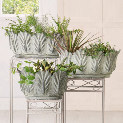 Set of 3 Foliate Metal Hallway Room Table Decor Garden Planter Pots