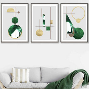 Set of 3 Framed Abstract Mid Century Modern in Green and Gold / 50x70cm / Black Frames