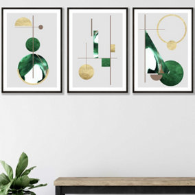 Set of 3 Framed Abstract Mid Century Modern in Green and Gold / A2 (42x59.4cm) / Black Frames