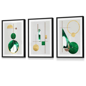 Set of 3 Framed Abstract Mid Century Modern in Green and Gold / A3 (30x42cm) / Black Frames