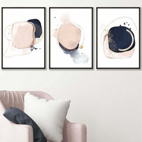 Set of 3 Framed Abstract Navy Blue and Blush Pink Wall Art Prints / 42x59cm (A2) / Black Frame