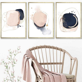 Set of 3 Framed Abstract Navy Blue and Blush Pink Wall Art Prints / 42x59cm (A2) / Gold Frame