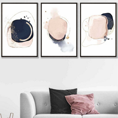 Set of 3 Framed Abstract Navy Blue and Blush Pink Wall Art Prints ...
