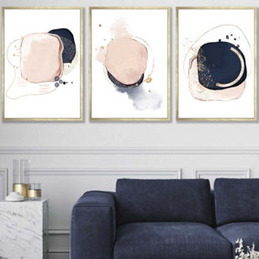 Set of 3 Framed Abstract Navy Blue and Blush Pink Wall Art Prints / 50x70cm / Gold Frame
