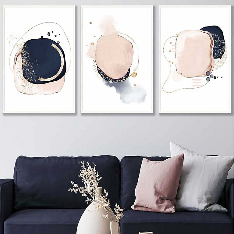 Set Of 3 Framed Abstract Navy Blue And Blush Pink Wall Art Prints / 50X70Cm  / White Frame | Diy At B&Q