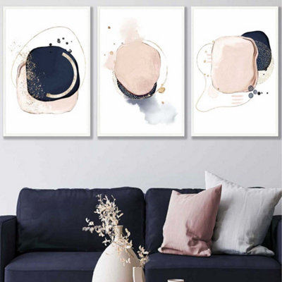 Set of 3 Framed Abstract Navy Blue and Blush Pink Wall Art Prints ...
