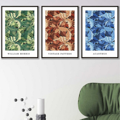 Set of 3 Framed Blue, Green Brown William Morris Floral / 42x59cm (A2) / Black