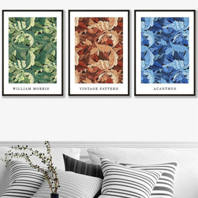 Set of 3 Framed Blue, Green Brown William Morris Floral / 50x70cm / Black