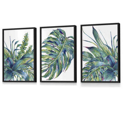 Set of 3 Framed Blue Green Watercolour Tropical Leaves Wall Art Prints ...