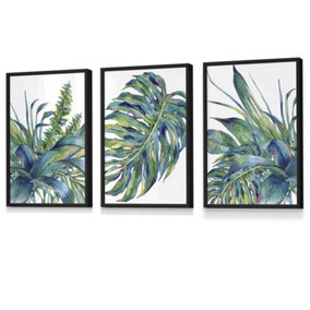 Set of 3 Framed Blue Green Watercolour Tropical Leaves Wall Art Prints / 30x42cm (A3) / Black Frame