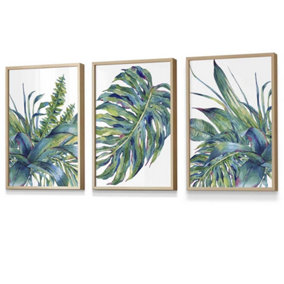 Set of 3 Framed Blue Green Watercolour Tropical Leaves Wall Art Prints / 30x42cm (A3) / Oak Frame