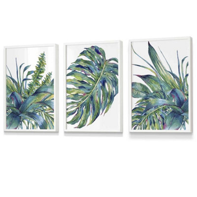 Set of 3 Framed Blue Green Watercolour Tropical Leaves Wall Art Prints ...
