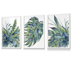 Set of 3 Framed Blue Green Watercolour Tropical Leaves Wall Art Prints / 30x42cm (A3) / White Frame