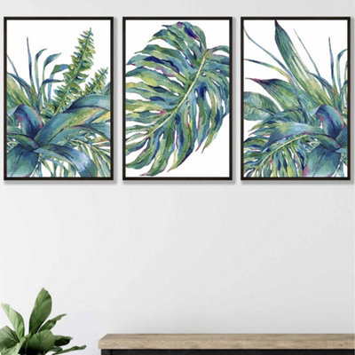 Set of 3 Framed Blue Green Watercolour Tropical Leaves Wall Art Prints ...