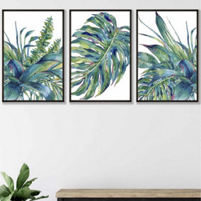 Set of 3 Framed Blue Green Watercolour Tropical Leaves Wall Art Prints / 42x59cm (A2) / Black Frame