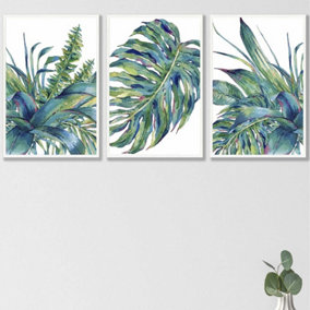 Set of 3 Framed Blue Green Watercolour Tropical Leaves Wall Art Prints / 42x59cm (A2) / White Frame