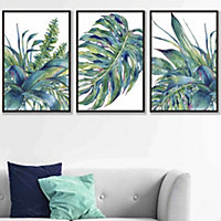 Set of 3 Framed Blue Green Watercolour Tropical Leaves Wall Art Prints / 50x70cm / Black Frame