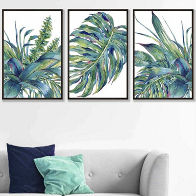 Set of 3 Framed Blue Green Watercolour Tropical Leaves Wall Art Prints ...