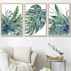 Set of 3 Framed Blue Green Watercolour Tropical Leaves Wall Art Prints / 50x70cm / Oak Frame