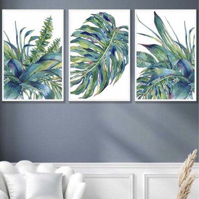 Set of 3 Framed Blue Green Watercolour Tropical Leaves Wall Art Prints ...