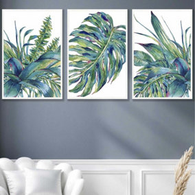 Set of 3 Framed Blue Green Watercolour Tropical Leaves Wall Art Prints / 50x70cm / White Frame