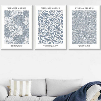 Set of 3 Framed Blue William Morris Vintage Floral / 50x70cm / White