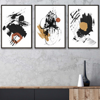 Set of 3 Framed Framed Abstract Black, Yellow, Orange Oil Strokes / 30x42cm (A3) / Black