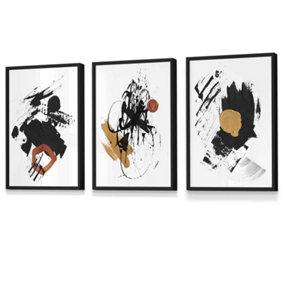 Set of 3 Framed Framed Abstract Black, Yellow, Orange Oil Strokes / 30x42cm (A3) / Black