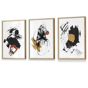 Set of 3 Framed Framed Abstract Black, Yellow, Orange Oil Strokes / 30x42cm (A3) / Oak