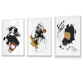 Set of 3 Framed Framed Abstract Black, Yellow, Orange Oil Strokes / 30x42cm (A3) / White