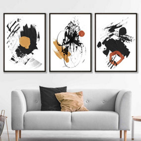 Set of 3 Framed Framed Abstract Black, Yellow, Orange Oil Strokes / 50x70cm / Black